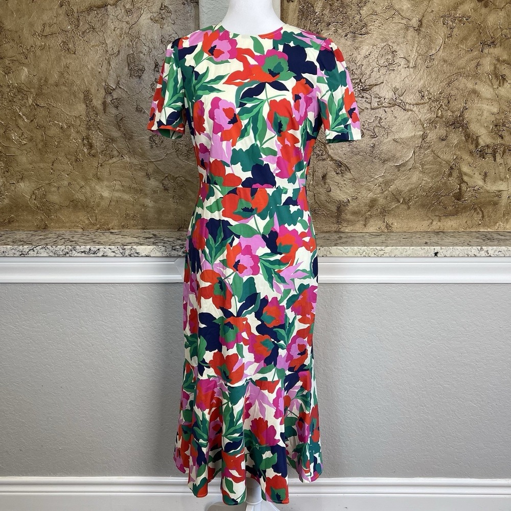 Shoshanna Thompson Midi Dress Womens 2 Floral Wildflower Rose Ruffle Hem Cotton